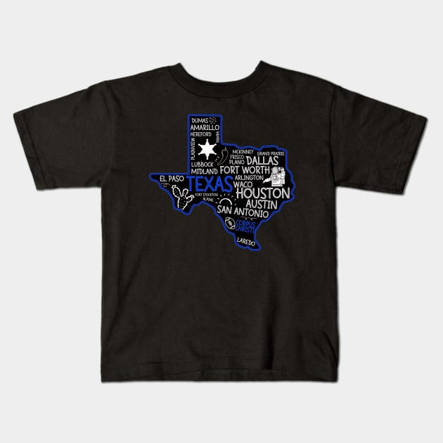 Corpus Christi Texas cute map Houston San Antonio Dallas Austin Fort Worth El Paso Kids T-Shirt by BoogieCreates